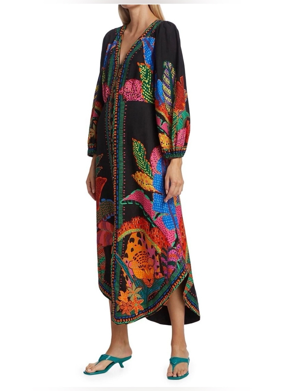 FARM Rio Black Maxi Dress with Vibrant Pink, Orange, Green & Blue Print